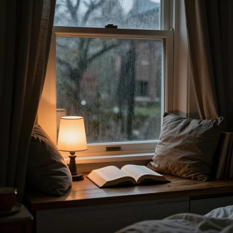 An image generated on the network: a desk lamp and an open book by a window on a rainy night